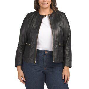 COLE HAAN Black Plus Genuine Lambskin Leather Jacket With Woven Details